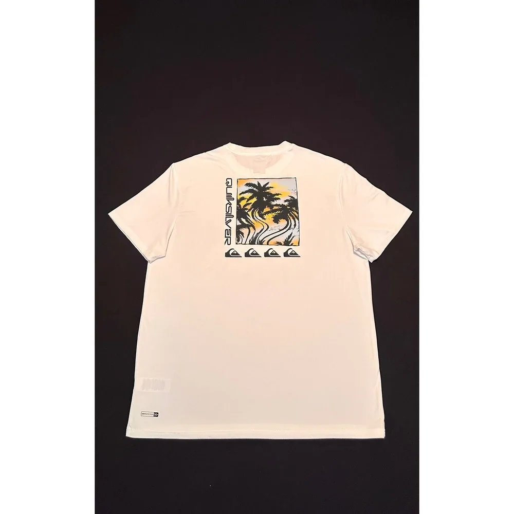 Quiksilver Mens White Short Sleeve Rash‎ Guard UPF 50+ Palm Graphic Swim Shirt L